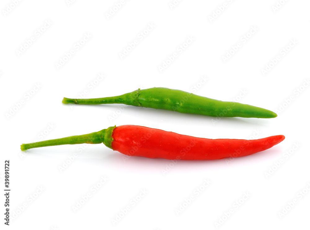 red and green hot chilli peppers isolated on white