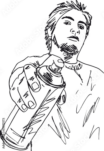 Sketch of young man with a tin of spray. Vector illustration