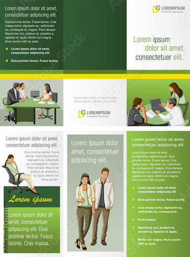 Green template for advertising brochure with business people