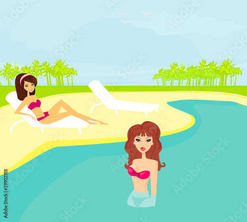 image of girls and tropical pool