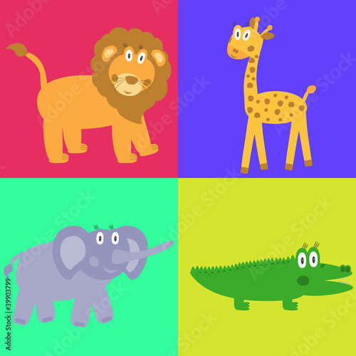 Fototapeta Naklejka Na Ścianę i Meble -  Cute safari cartoon animals set - lion, giraffe, crocodile and e