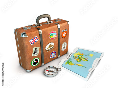 Travel Suitcase with compass and world map.
