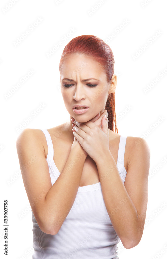 A young redhead Caucasian woman feeling ill A young redhead Caucasian woman feeling ill