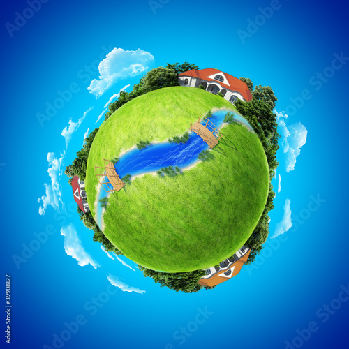 Country life eco concept. 3 houses on mini planet