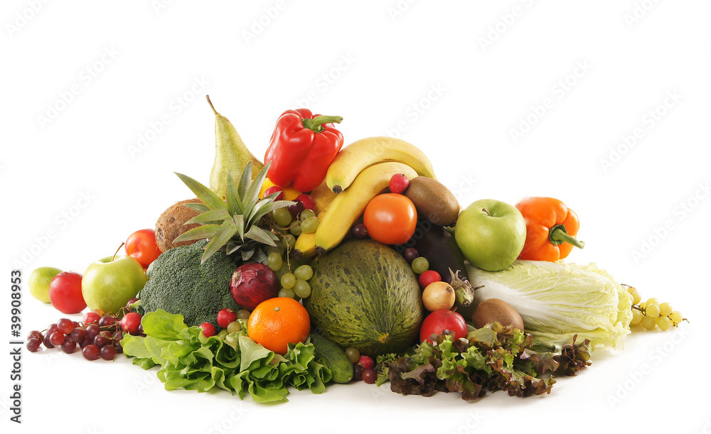 A pile of fresh and tasty fruits isolated on a white background