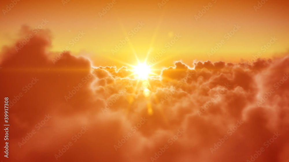 Sunset Sun Cloudscape Flight. Flying over the Clouds Seamless. Looped 3d Animation. HD 1080.