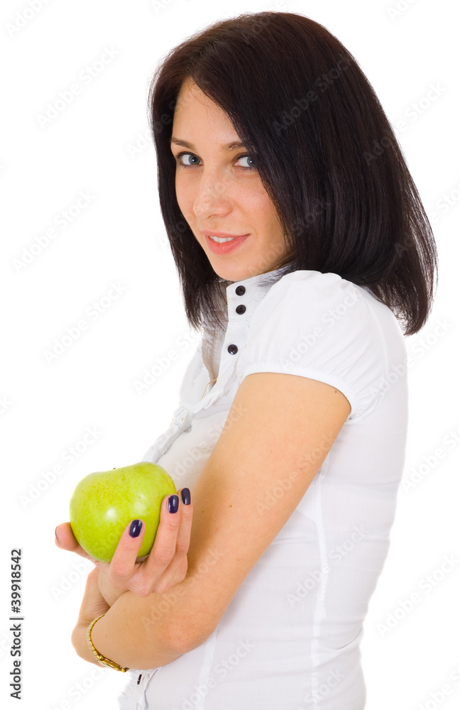 Young happy smiling woman with apple, isolated on white Young happy smiling woman with apple, isolated on white