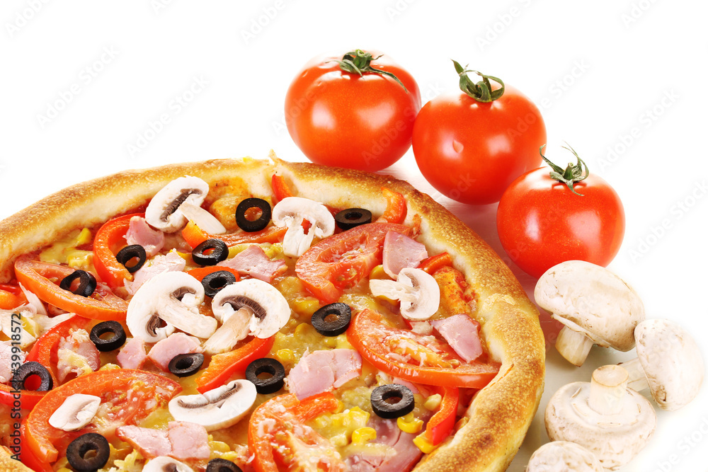 Aromatic pizza with vegetables and mushrooms close-up isolated Aromatic pizza with vegetables and mushrooms close-up isolated