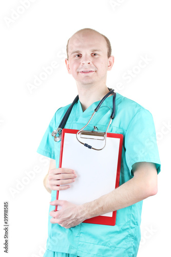 young doctor with stethoscope and clipboard isolated