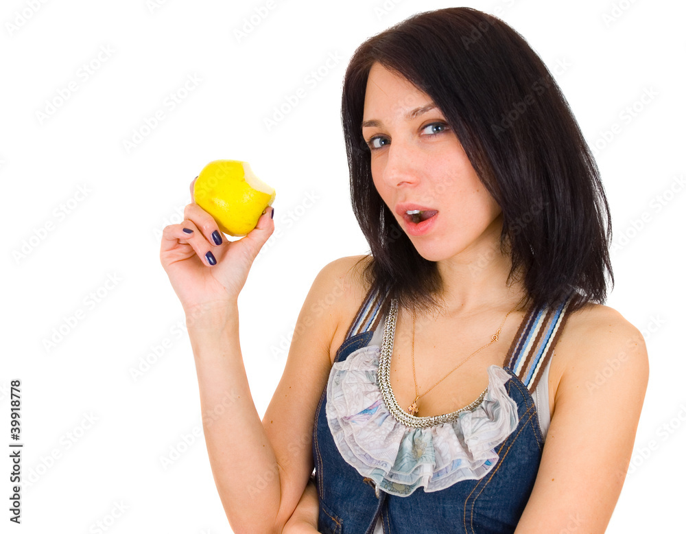 Young happy woman with apple, isolated on white Young happy woman with apple, isolated on white