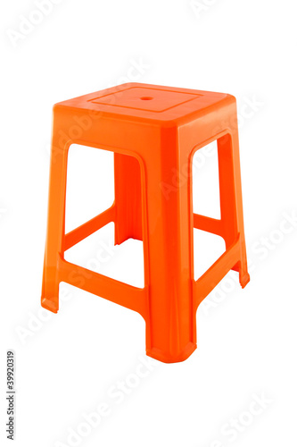 Side orange plastic rectangle chair on white background.