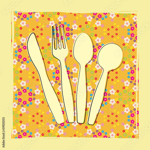 Cutlery drawing on bright, oriental floral pattern