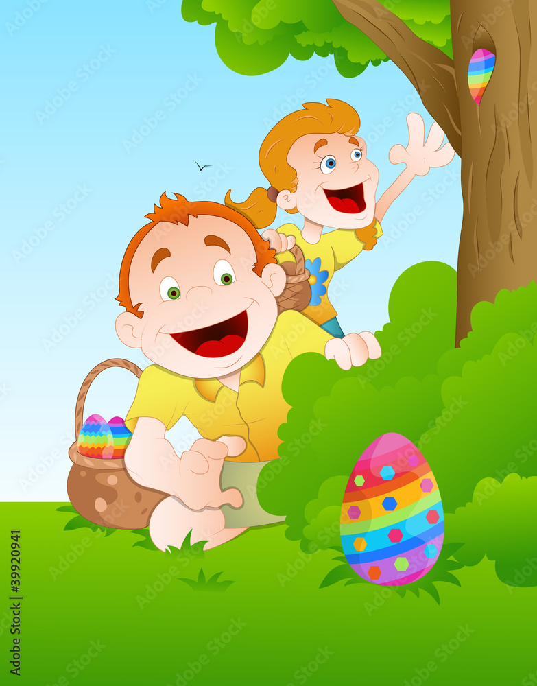 Fototapeta premium Illustration of Kids Playing with Easter Egg
