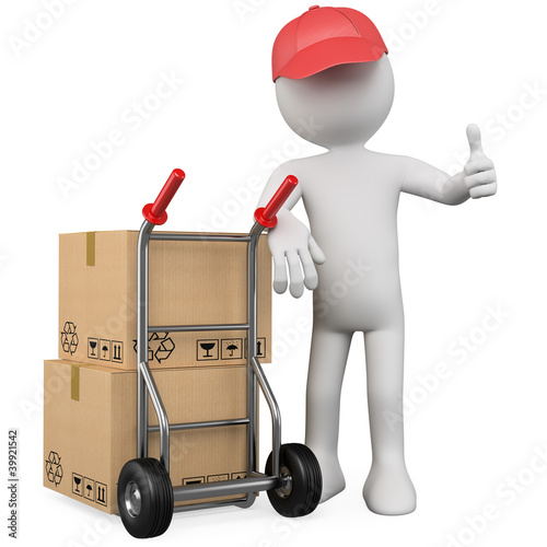 3D worker with a package and thumb up
