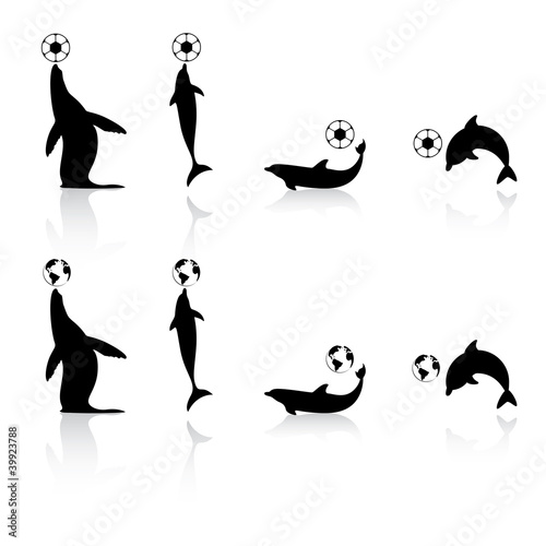 Marine animals silhouettes with football and Earth symbols