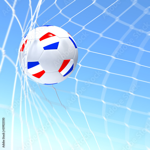 3d rendering of a Netherlands flag on soccer ball in a net
