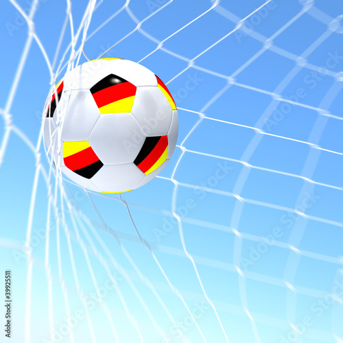 3d rendering of a germany flag on soccer ball in a net