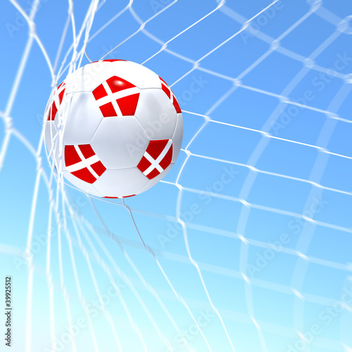 3d rendering of a Denmark flag on soccer ball in a net