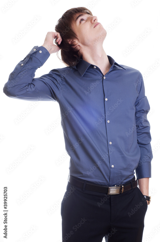 Young Businessman looking up and think. isolated on white backgr Young Businessman looking up and think. isolated on white backgr