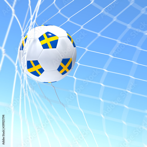 3d rendering of a Sweden flag on soccer ball in a net