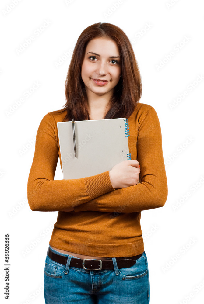 Sweet friendly young student girl holding exercise books Sweet friendly young student girl holding exercise books