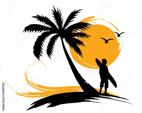 Illustration - palm trees, sun, surf