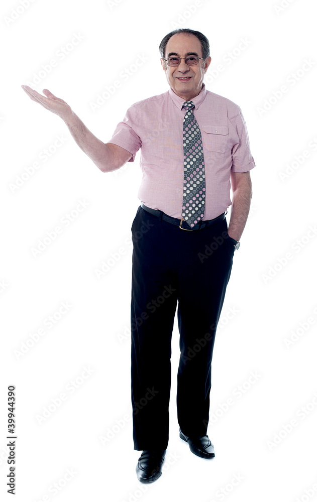Handsome senior boss posing with an open palm