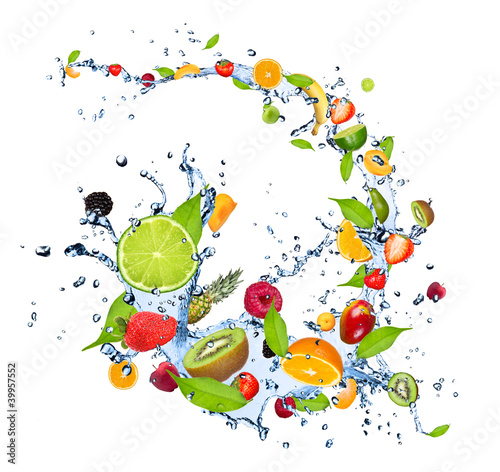 Fototapeta Naklejka Na Ścianę i Meble -  Fresh fruits falling in water splash on white background