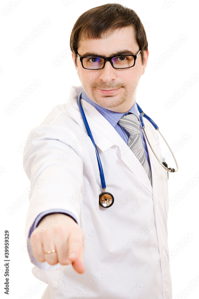 A doctor with a stethoscope points ahead on a white background