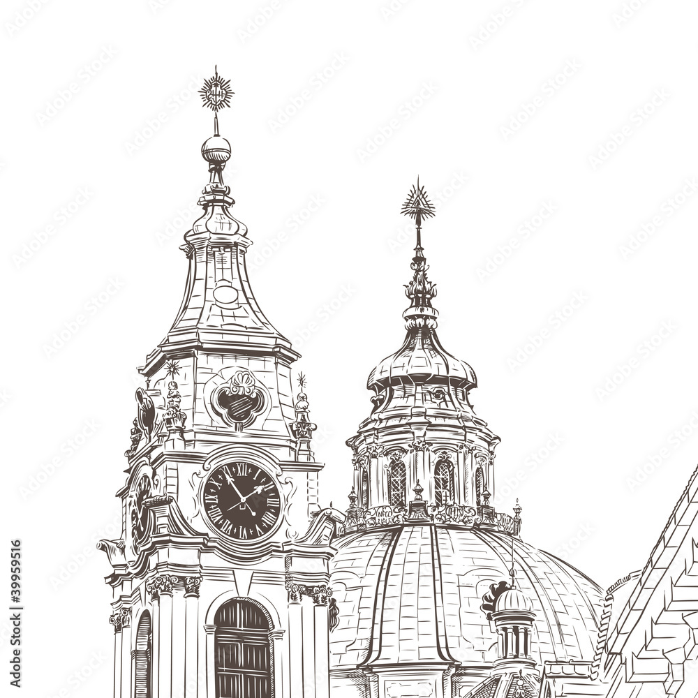 Vector sketch of Saint Nicholas Cathedral in Prague