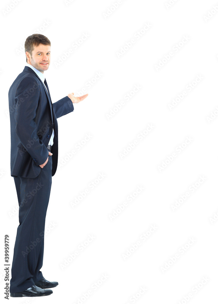 Happy business man presenting and showing with Happy business man presenting and showing with