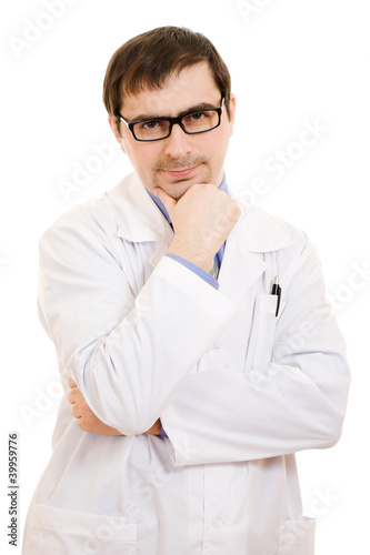 Male doctor thinks a white background. © Sergey Khamidulin