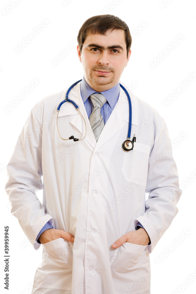 Fototapeta premium A doctor with a stethoscope on a white background.