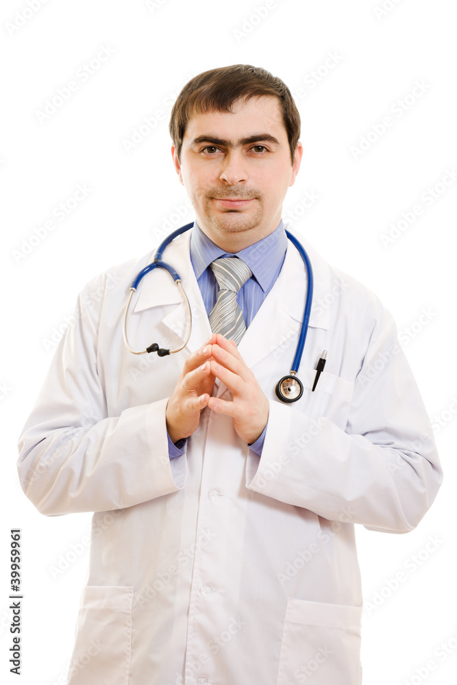The doctor thinks in glasses on a white background. The doctor thinks in glasses on a white background.
