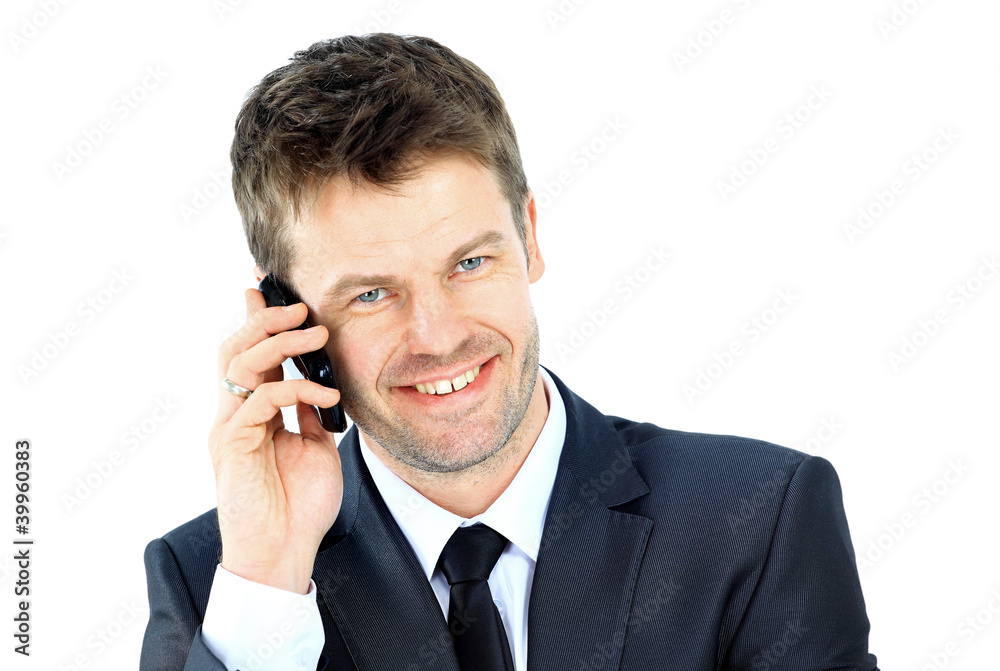 Portrait of a business man with phone isolated on Portrait of a business man with phone isolated on