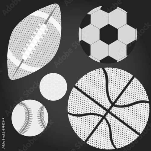 group of sports balls in black and white