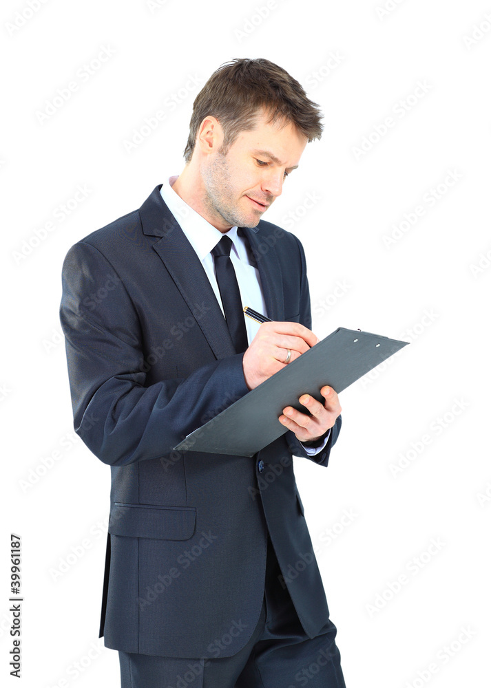 businessman writing on clipboard wear elegant suit businessman writing on clipboard wear elegant suit