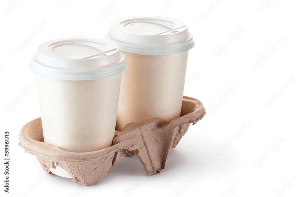 Two disposable coffee cups in cardboard holder Two disposable coffee cups in cardboard holder