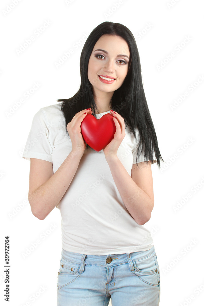 beautiful young girl holding red heart isolated on white beautiful young girl holding red heart isolated on white