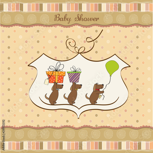 three dogs that offer a big gift. baby shower card