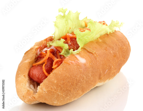 Appetizing hot dog isolated on white