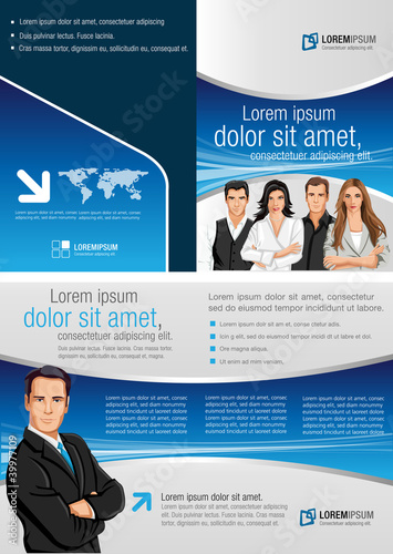 blue template for advertising brochure with business people