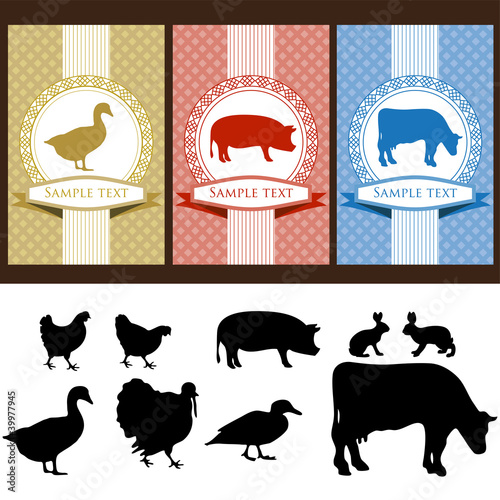 farm animals, vintage frame, labels food illustration