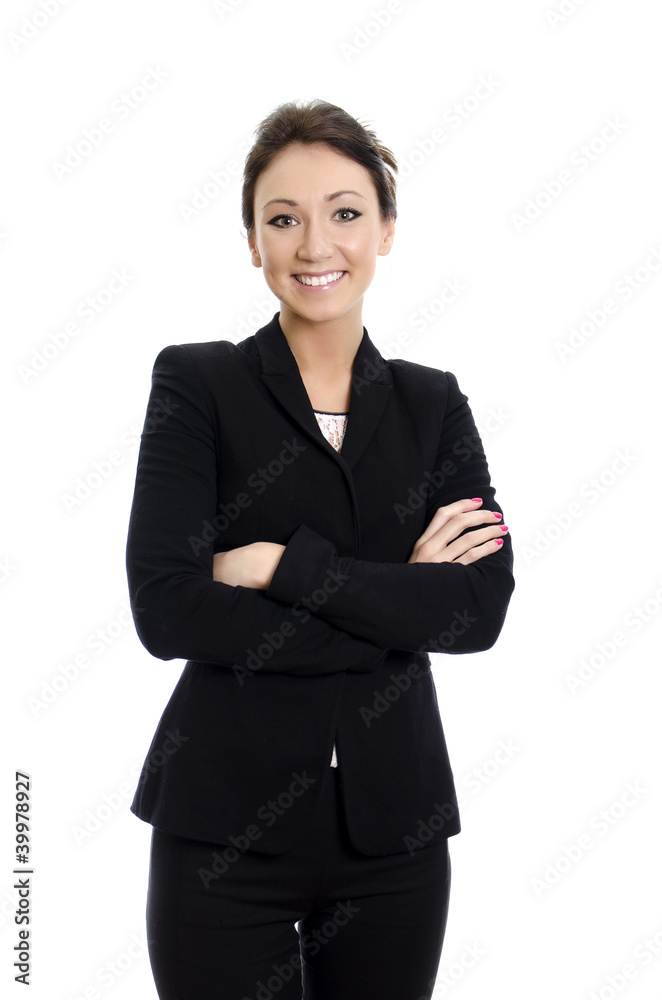 Smiling attractive brunette with arms folded. Isolated on white Smiling attractive brunette with arms folded. Isolated on white