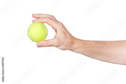 Tennis ball in his hand. On a white background.