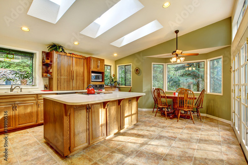 Bilde på lerret Large country kitchen with skylights.