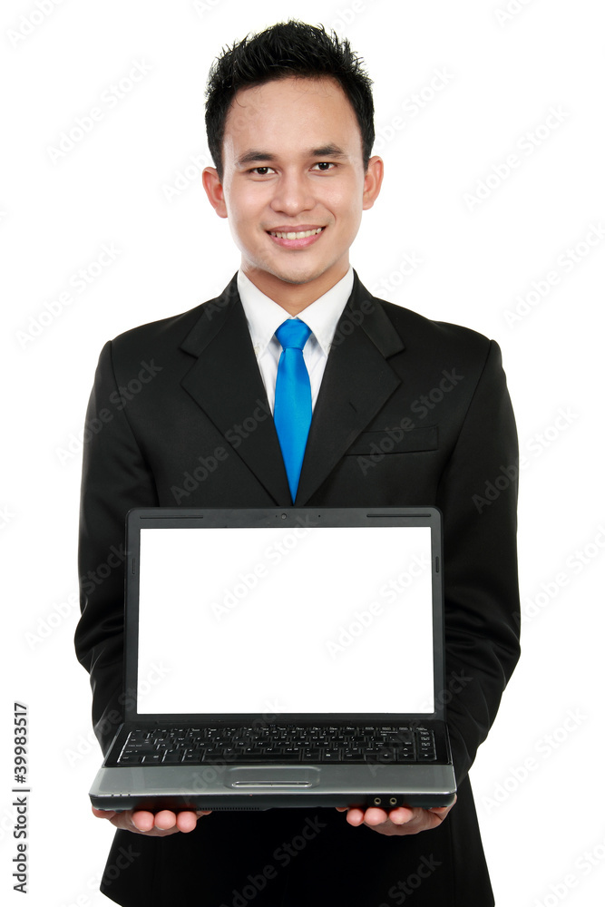 businessman showing a blank laptop businessman showing a blank laptop