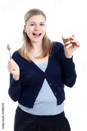 Happy woman holding sweet creamy dessert