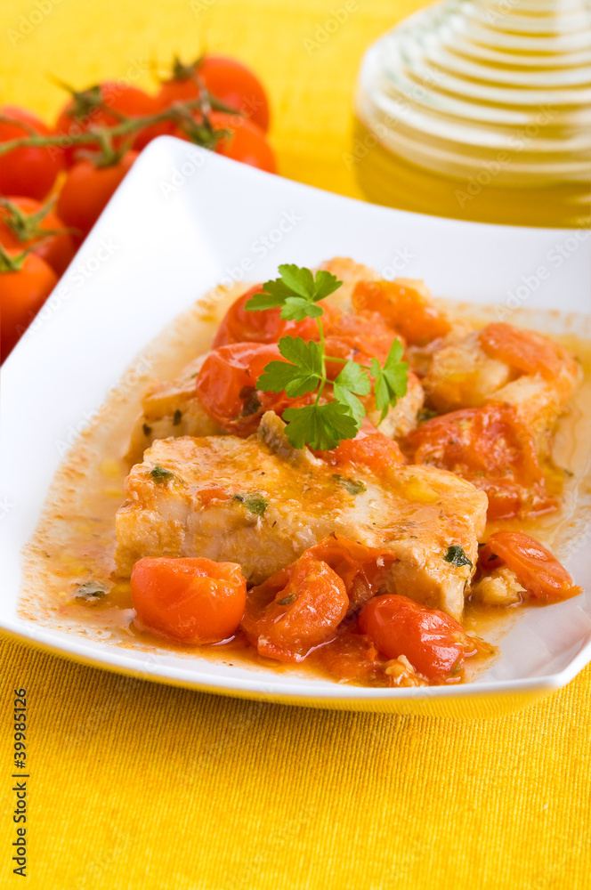 Fish and cherry tomatoes. Pesce con pomodorini. Fish and cherry tomatoes. Pesce con pomodorini.