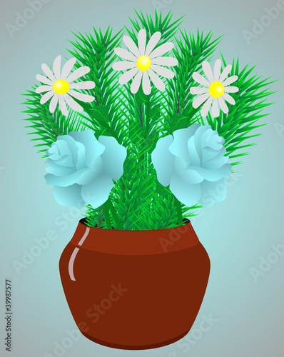 Flowers rose and camomile in a flowerpot